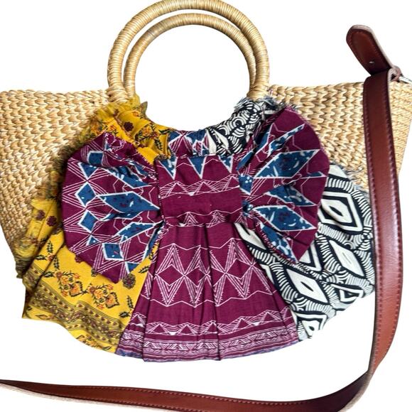 Sam Edelman Jaelynn Bow Tote Straw Bag Leather Fabric Crossbody Resort Purse - Picture 2 of 10